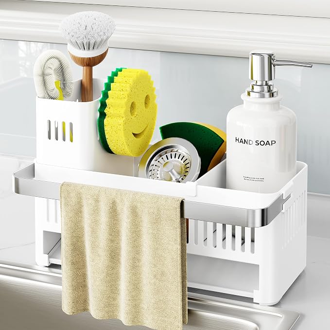 Nieifi Sponge Holder – White ABS Rust Sink Caddy with Towel Rack, 10.12" | Smiley sponge & brush holders with drainage to keep items dry. 4.5-inch depth. Kitchen counter organizer & essential storage.