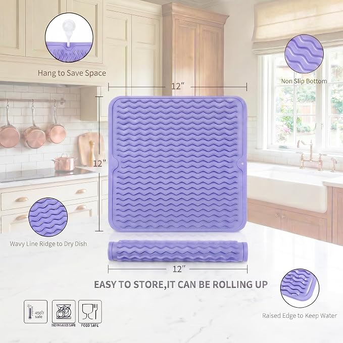 MicoYang Silicone Dish Drying Mat for Multiple Usage,Easy clean,Eco-friendly,Heat-resistant Silicone Mat for Kitchen Counter or Sink,Refrigerator or Drawer liner Light Purple M 12 inches x 12 inches