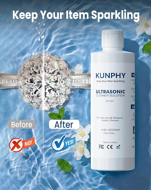 kunphy Ultrasonic Jewelry Cleaner Solution for Gold, Silver, Ring 8.5 oz*2 | Concentrated; for All Ultrasonic Machine; Remove Residue & Grime; Gentle Formula for Non-Porous Stones & Metals