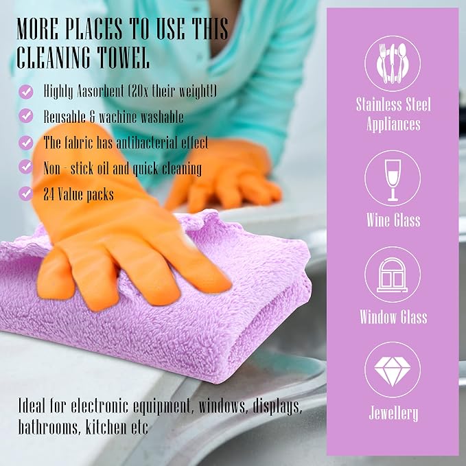 24 Pack Kitchen Dishcloths - Does Not Shed Fluff - Reusable Dish Towels, Dish cloths, Super Absorbent Coral Fleece Cleaning Cloths, Nonstick Oil Washable Fast Drying, 16 x 19 Inch (Multicolor)