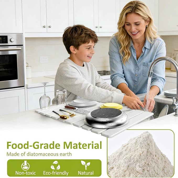 Large Stone Dish Drying Mat for Kitchen Counter, 24"(L)×16"(W), Collapsible Quick Dry Diatomaceous Earth Mat, Super Absorbent Drying Pad for Dishes Bottles Cups Utensils, Heat Resistant (White)