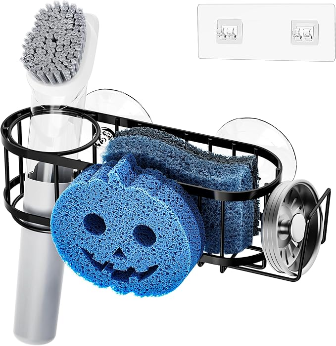 Cisily Sponge Holder Smiley Face, Sink Caddy for kitchen Sink, Kitchen Organizer Sponge Holder with 2 PCS Suction Cups and Adhesive Strips, Designed for Sponge, Soap, Dish brush, Scrubber-Black