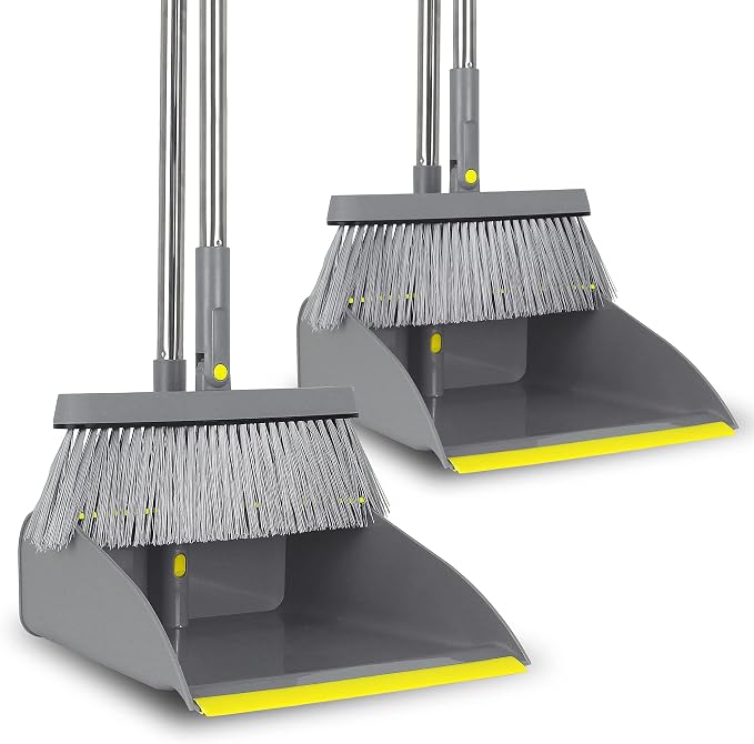 2-Pack Broom and Dustpan Combo Set, 48" Long Adjustable Handle Stand Up Dustpan with Self-Cleaning Teeth, Ideal for Home, Office, Kitchen, Indoor & Outdoor Use, Grey | Stand Up Dustpan with Self-Cleaning Teeth and Long Handle Broom Set for Home, Office...