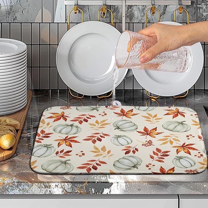 Fall Orange Maple Leaf Pumpkin Dish Drying Mat for Kitchen Counter Seasonal Autumn Thanksgiving Harvest Drying Mats Absorbent Microfiber Dishes Drainer Pad Holiday Dish Rack Mat 16x18 Inch