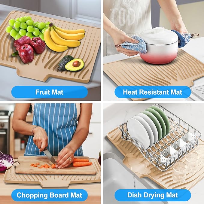 Silicone Dish Drying Mat for Kitchen Countertops and Sinks,19 x13.7 Inch Non Slip Heat Resistant Mat with Built In Drainage System,For Refrigerator and Drawer Liners (beige, 19 x13.7 Inch)