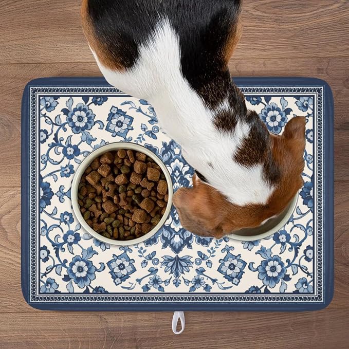 Blue Floral Dish Drying Mat for Kitchen Counter Vintage Flower Pattern Microfiber Dish Drainer Mat Rustic Farmhouse Absorbent Washable Drying Pad Extra Large 18"x24"