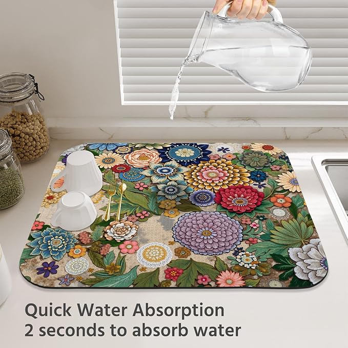 Dish Drying Mat for Kitchen Counter 18x24 Inch, Super Absorbent Dish Drainer Mat, Decorative Microfiber Dishes Drying Pad-Large(Luxurious flowers)