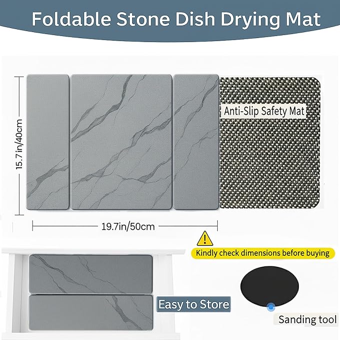 Stone Drying Mat for Kitchen Counter | 19.7"×14.7" Diatomaceous Earth Dish Drying Mat, Absorbent Drying Stone Mat for Modern Kitchen Countertop