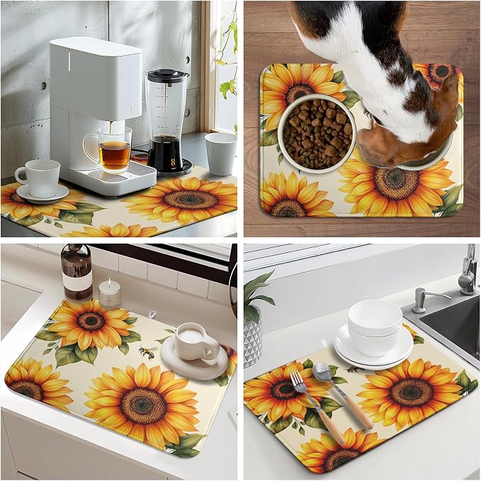 Sunflower Dish Drying Mat 16x18 Inch Absorbent Reversible Summer Drying Mat Sunflower Bee Dish Drying Rack Mat Yellow Summer Themed Dish Drainer Mat for Kitchen Counter Coffee Bar