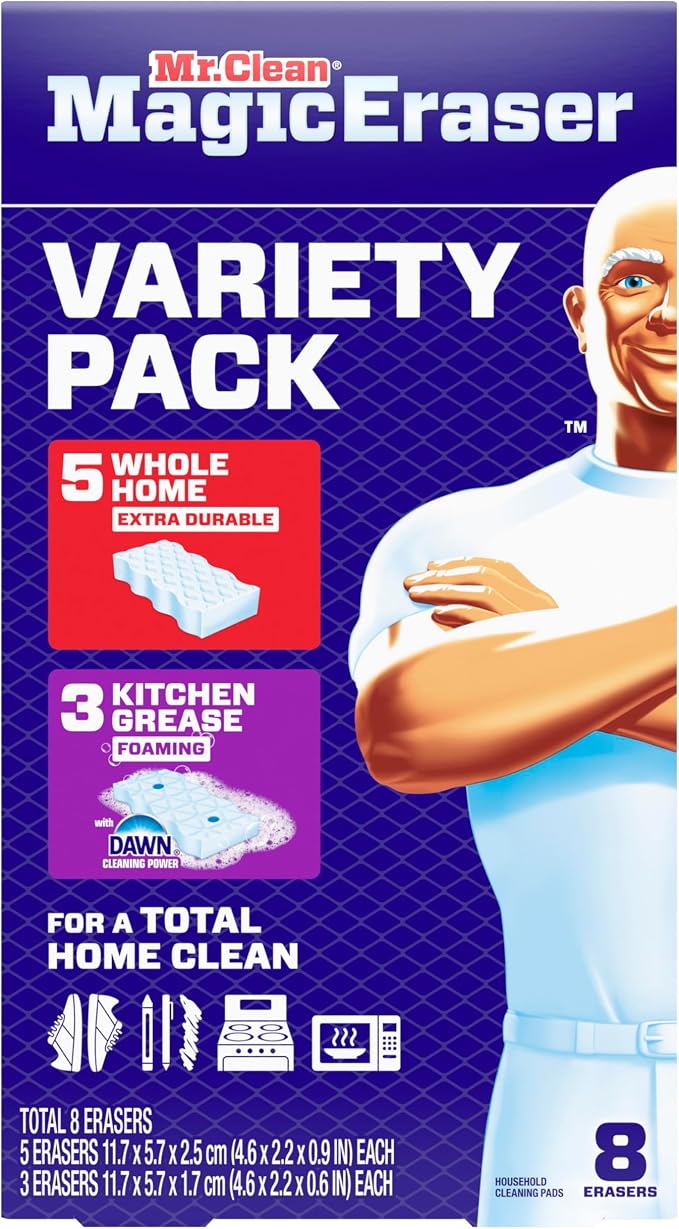 Mr. Clean Magic Eraser Sponge, All Purpose Cleaner, Cleaning Scrubber, Wall, Kitchen, Bathroom, Shower Cleaner, Melamine Sponge, Cleaning Pads, Variety Pack, 5 Extra Durable, & 3 Grease Magic Erasers
