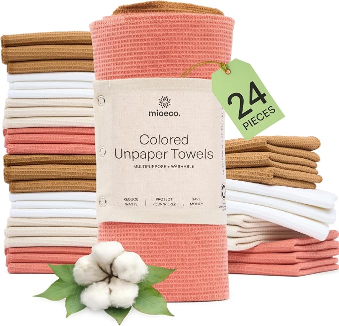 mioeco 24 Pack Multicolored Reusable Paper Towels - Nature Friendly - Organic Cotton Alternative - Thick, Strong, Paperless Kitchen Dish Cloths - Reusable Napkins - Dish Towels - Cloth Napkin