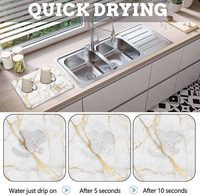 MCALK Marble White Dish Drying Mat for Kitchen Counter, Gold Dish Drying Pad with Anti-Slip Rubber Base, Absorbent Kitchen Sink Mat with Modern Art Decor (1 pc 18" x 16")