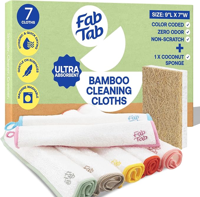 Fab Tab Viscose Made from Bamboo Cleaning Cloths Ultra Absorbent, Reusable Kitchen Cloths, Quick Drying, Non-Scratch, Color Coded Cleaning Cloths, Includes Coconut Sponge, Multicolor, 7-Pack