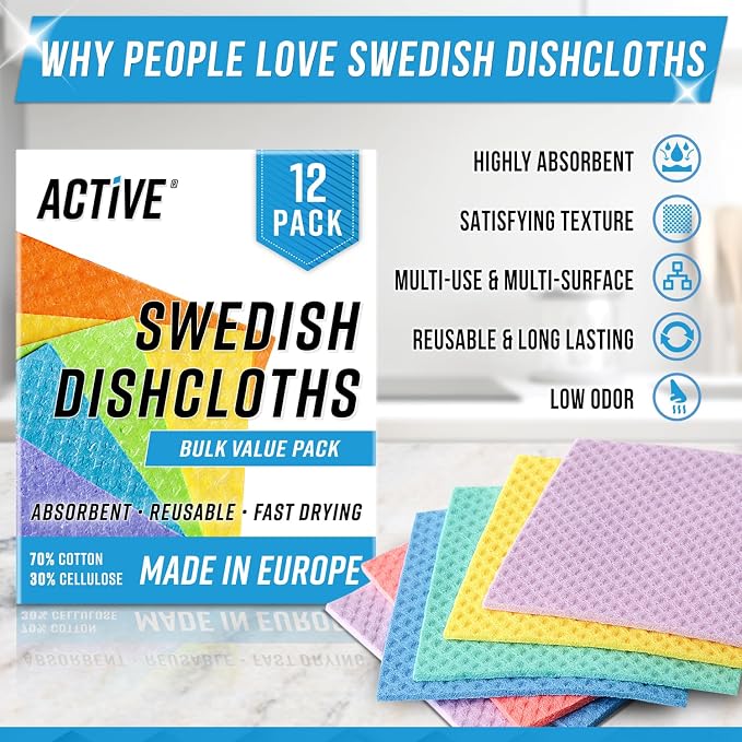 ACTIVE Swedish Dishcloths and Disposal Cleaner - Includes 12ct Cellulose Dish Cloths and 24ct Garbage Disposal Cleaning Tablets
