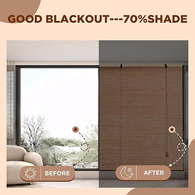 Bamboo Blinds for Interior Windows, 42"W X 63"H Bamboo Roller Shades Indoor | Roll Up Shades Light Filtering for Outdoor Patio, Decks, Porch, Backyards Natural Bamboo Material, Easy to install