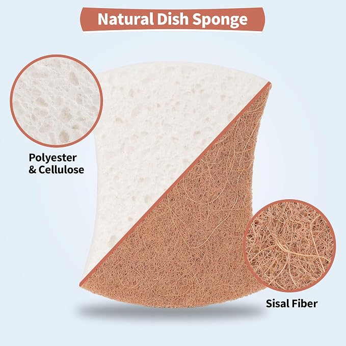 Natural Dish Sponge 24 Pack, Non-Scratch Scrub Sponge, Eco Multipurpose Kitchen Sisal Fiber Cellulose Sponge, Odor-Less Dual-Sided for Dish Washing & Household Cleaning