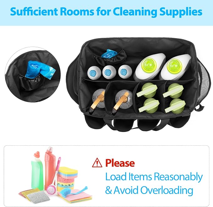 HODRANT Extra-Large Cleaning Caddy with Handles & Multi Pockets | Large Capacity Tote Bag for Cleaning Tools & Products Storage, Cleaner Organizer for Car, Home & Housekeeping Work, Black