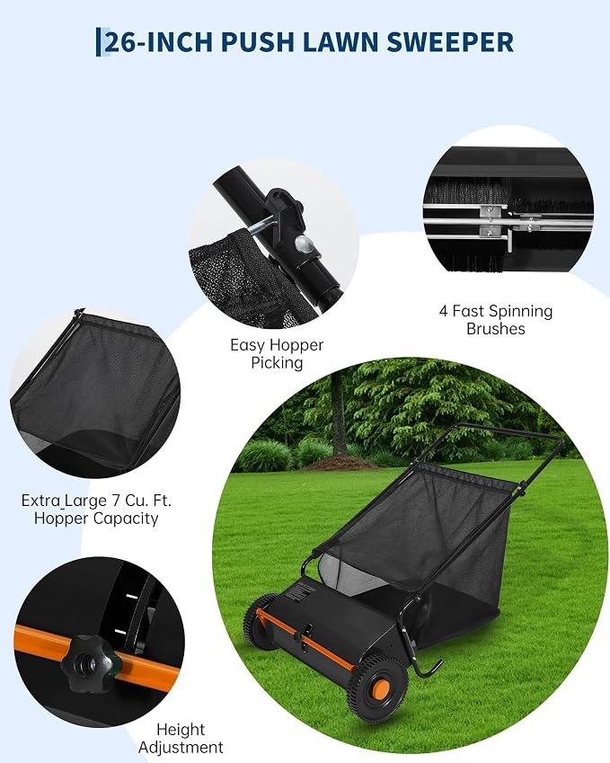 Garvee 26" Push Lawn Sweeper, Heavy Duty Walk Behind Leaf Collector | Yard Sweeper for Outdoor, Patio, Driveway, Garden Grass Sweepers, 4 High Speed Spinning Brush, 7 Cu. ft Hopper Capacity