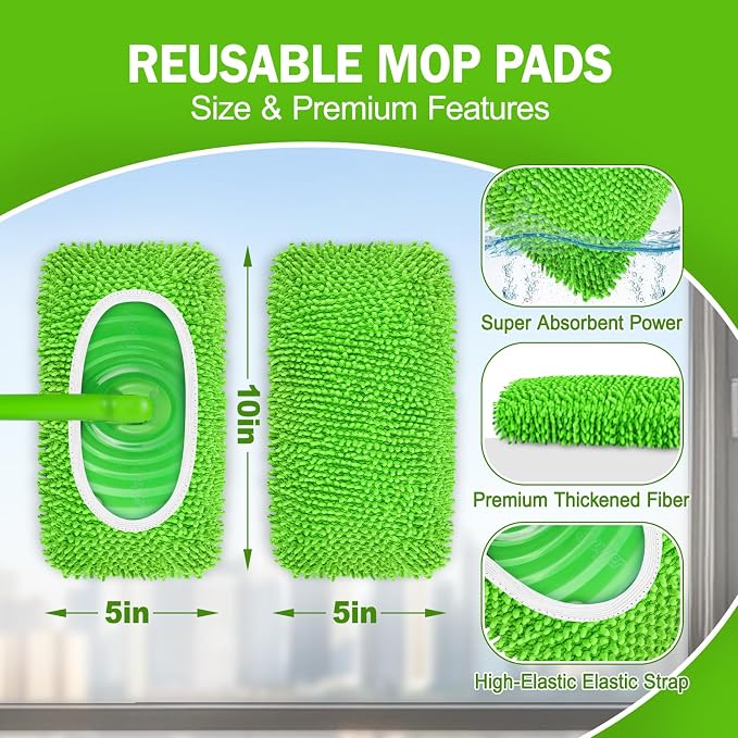 6 Pack Reusable Mop Pads Compatible with Swiffer Sweeper, Dry Sweeping Cloths & Wet Mopping Cloths - Microfiber Mop Pads for Hardwood Floors, Floor Cleaning, Wood Floors (Green)