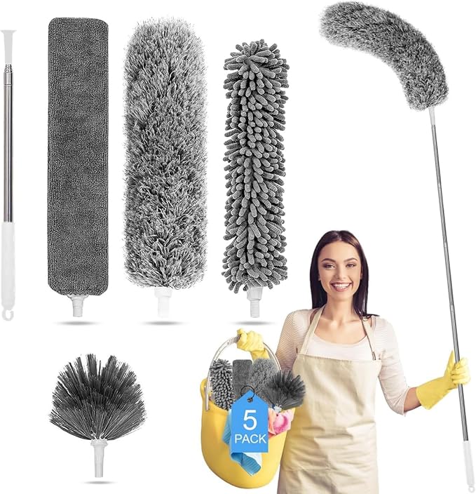 Tiumso Microfiber Feather Duster 5-in-1 Kit, Dusters for Cleaning, Duster with Extension Pole 100 Inches, Cobweb Duster, Microfiber Dusters for High Ceilings and Fans, Blinds, Cars and Furniture