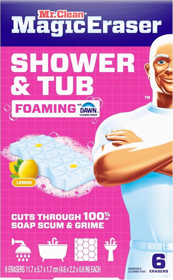 Mr. Clean Magic Eraser Sponge, Bathroom, Shower, Tub Cleaner, Soap Scum Remover, Bathroom Cleaning Supplies, Dawn Cleaning Power with Lemon Scent, Shower & Tub, 6ct