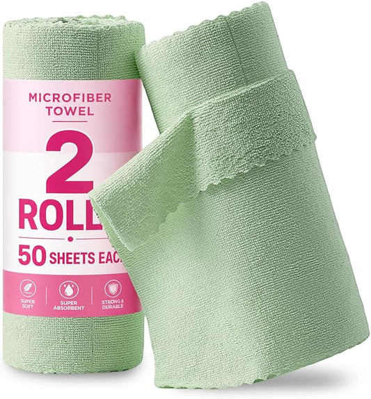 Jessy Home 2 Roll Reusable Paper Towels,100 Sheets Tear Away Microfiber Cleaning Cloth, Lint Free Clean Rags for Kitchen, Dishcloth,Household Cleaning Supplies