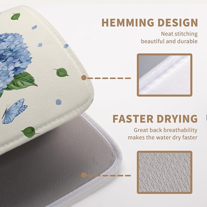 Spring Hydrangea Dish Drying Mats Spring Summer Floral Dish Mat Blue Flowers Butterfly Drying Matt Dishes Dryer Pad for Kitchen Counter Absorbent Microfiber Washable Foldable Reusable 18x24 in