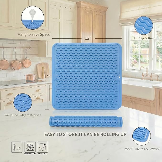 MicoYang Silicone Dish Drying Mat for Multiple Usage,Easy clean,Eco-friendly,Heat-resistant Silicone Mat for Kitchen Counter or Sink,Refrigerator or Drawer liner Light Blue M 12 inches x 12 inches