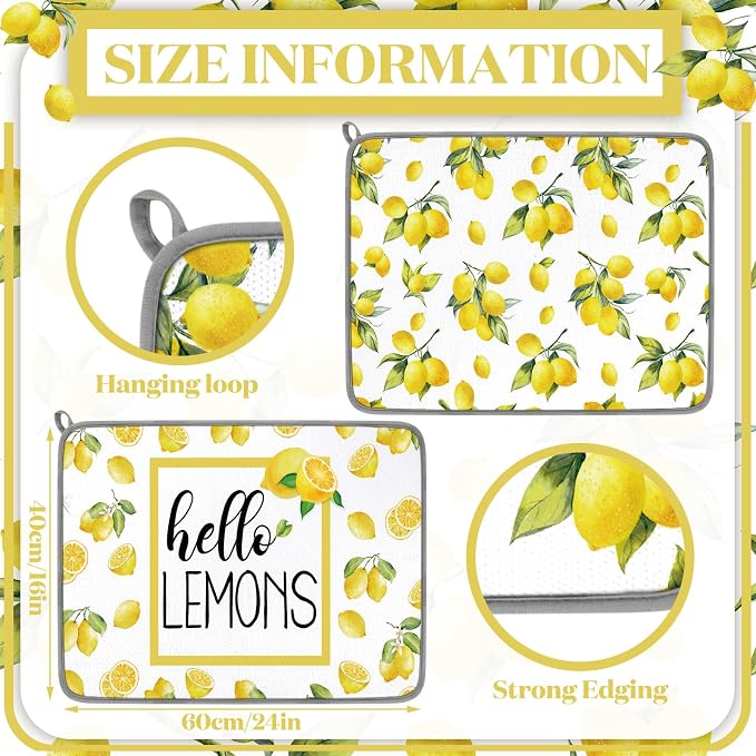 Zonon Dish Drying Mat for Kitchen Counter 16 x 24 Microfiber Absorbent Dish Drainer Rack Pads Fast Dry Mat Vintage Kitchen Decorations(Lemon)