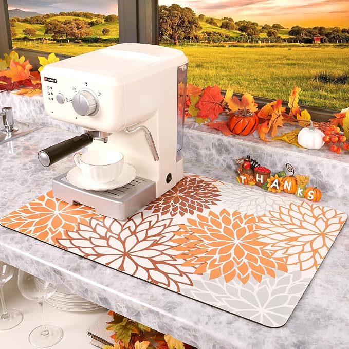 Findosom 2PCS 16" x 24" Fall Dish Drying Mat & 24" x 5.5" Sink Splash Guard, Super Absorbent & Cuttable Dish Mat Drying Kitchen Mat with Orange Floral, Hide Stain Drying Mat for Kitchen Counter