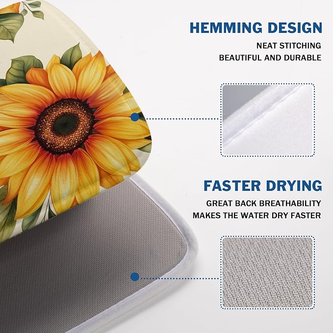 Sunflower Dish Drying Mat 18x24 Inch Absorbent Reversible Summer Drying Mat Sunflower Bee Dish Drying Rack Mat Yellow Summer Themed Dish Drainer Mat for Kitchen Counter Coffee Bar