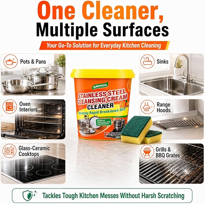 STAINLESS STEEL CLEANER & POLISH - Heavy Duty Cleaning Paste for Stove, Oven, Pans, Cookware, Sink | All Purpose Multi-Purpose Household Cleaner | Removes Grease & Stains | with 2 Sponges (500g)