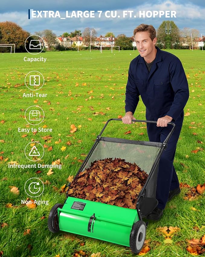 Push Lawn Sweeper for Leaves, 26" Width Heavy Duty Steel Frame Grass Catcher with 7 Cu. Ft. Hopper Bag & 4 Spinning Brushes for Yard and Garden Cleanup, Green