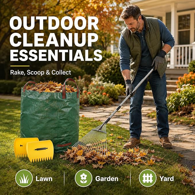 Leaf Collector Garden Rake Set - Adjustable 18 Tines Leaf Rakes & Leaf Picker Upper & 72 Gallon Lawn Waste Bag, Heavy Duty Collect Rake, Hand Leaf Scoop, Brown Paper Dumpster, Yard Gardening Tool