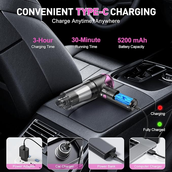 KMM Handheld Car Vacuum Cleaner, Hand Held Vacuum & Air Duster | 10000PA Strong Suction, Portable, 120W High Power, Cordless, Rechargeable, Multi-Nozzles & LED Light, For Home, Car, Office