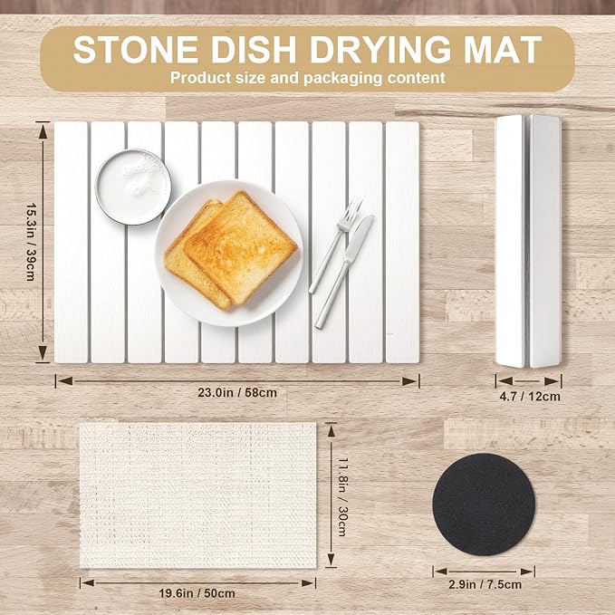 cuomaop Stone Dish Drying Mat for Kitchen Counter, 23x15.3 Inch Large Fast-Absorbing Diatomaceous Earth Drying Pad, Quick Dry Foldable Stone Dish Mats for Countertop Dishes, Bottles, Cups and Utensils