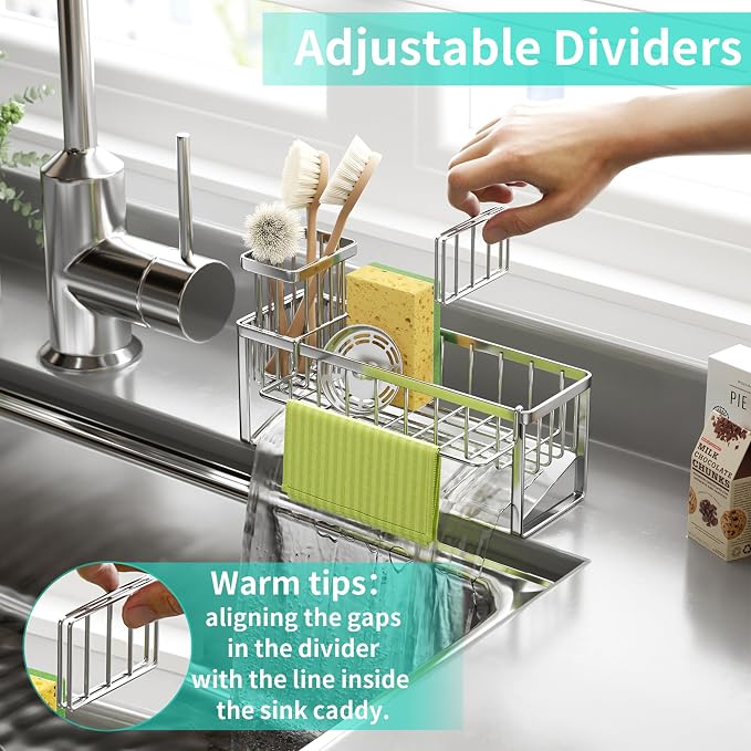 HapiRm Sponge Holder for Kitchen Sink - Self-draining Sink Caddy with Brush and Dishcloth Holders with Sloping Drainage - Silver