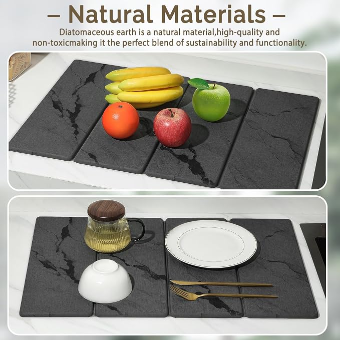Large Stone Dish Drying Mat for Kitchen Counter, 2 PCS Quick Dry Stone Mats, Foldable Water Absorbing Diatomaceous Earth Drying Dishes Pad for Countertop Bottles Utensils Cup(Dark gray 24"x16"&8"x4")