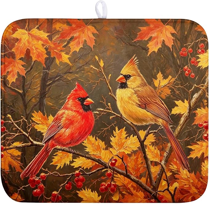 Fall Maple Leaves Birds Dish Drying Mat for Kitchen Counter 16x18 Autumn Colored Maple Forest Drying Mats Thanksgiving Harvest Dishes Drying Pad Absorbent Microfiber Sink Dish Drainer Rack Mat
