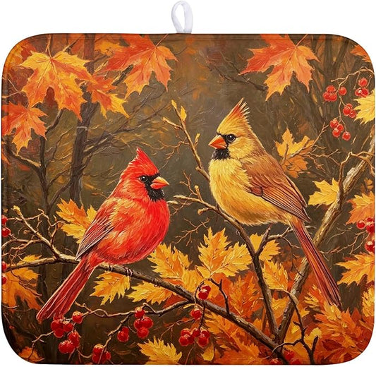 Fall Maple Leaves Birds Dish Drying Mat for Kitchen Counter 16x18 Autumn Colored Maple Forest Drying Mats Thanksgiving Harvest Dishes Drying Pad Absorbent Microfiber Sink Dish Drainer Rack Mat