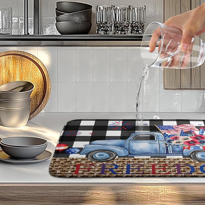 4th of July Buffalo Plaid Dish Drying Mat Patriotic Large Kitchen Mat Dish Drying Pad Absorbent Dish Dryer Mat for Kitchen Countertops Microfiber Drainer Pad Dish Drying Rack Mat (18x24 in)