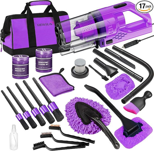 17PCS Car Cleaning Kit, Purple Car Interior Detailing Kit with High Power Handheld Vacuum, Detailing Brush Set, Windshield Cleaner, Cleaning Gel, Complete Auto Accessories for Women Gift