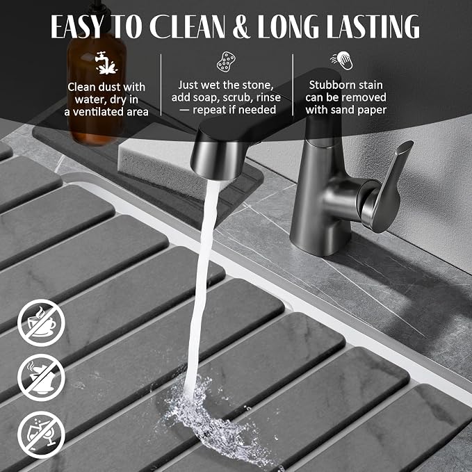 2 PCS Extra Large Stone Dish Drying Mat for Kitchen Counter, 28"×16" Marble Dish Drying Mat with 8"x 4" Coasters, Non - Slip Collapsible Absorbent Mat for Multi - Purpose, Match Any Countertop