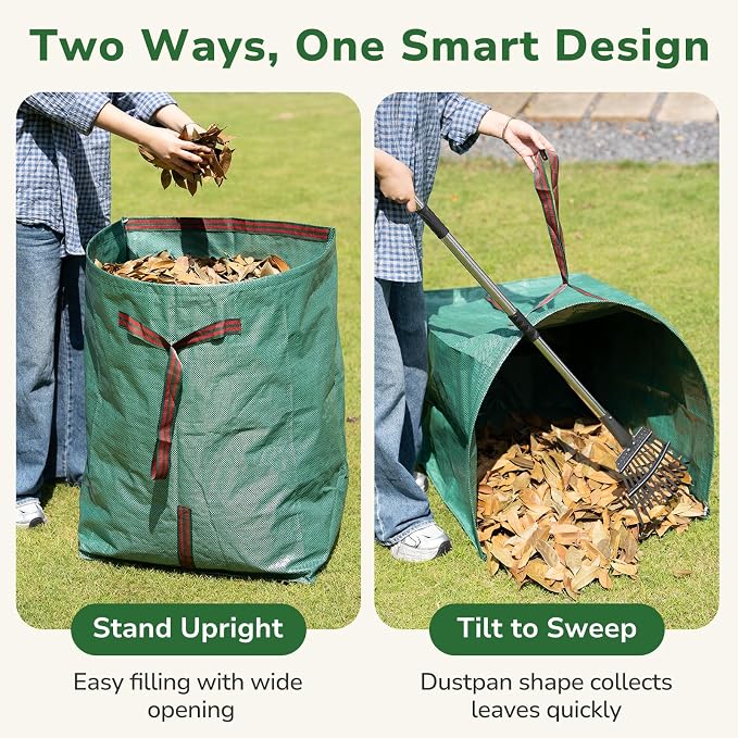 GreatBuddy Leaf Rake and Leaf Bags Combo, Adjustable Metal Garden Rake 29''-72'' 11 Tines, 2 Pack 53 Gallon Reusable Yard Waste Bags, Heavy Duty Lawn Rake with Dustpan Leaf Collector for Yard Cleanup