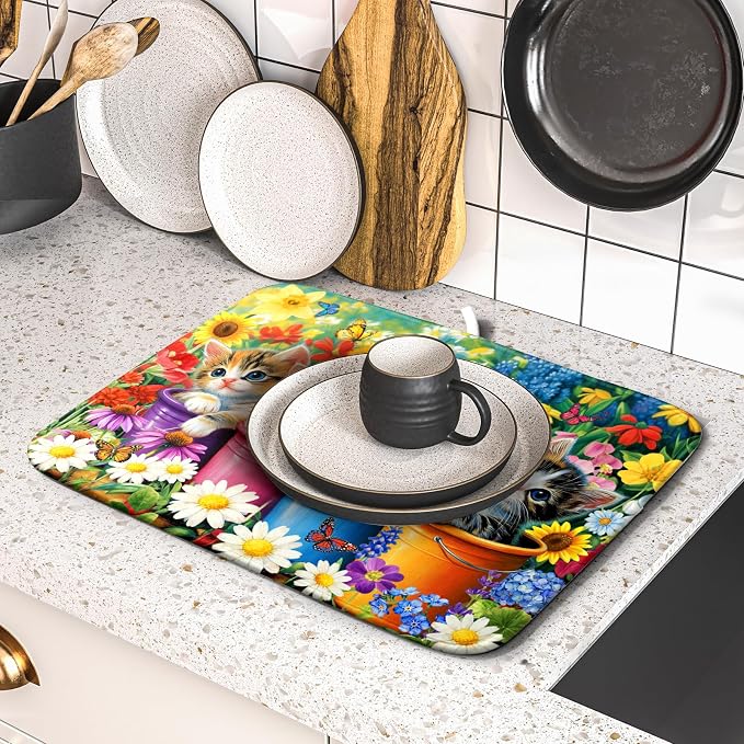 Funny Absorbent Dish Drying Mat Spring Cat Dish Drying Mats for Kitchen Counter Small