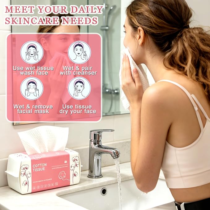 100 Count Disposable Face Towel, Dual-Textured Facial Wash Cloth | Ultra Thick Soft Cotton Disposable Washcloths for Washing & Drying, Facial Tissue for Cleansing, Skincare and Makeup Remover