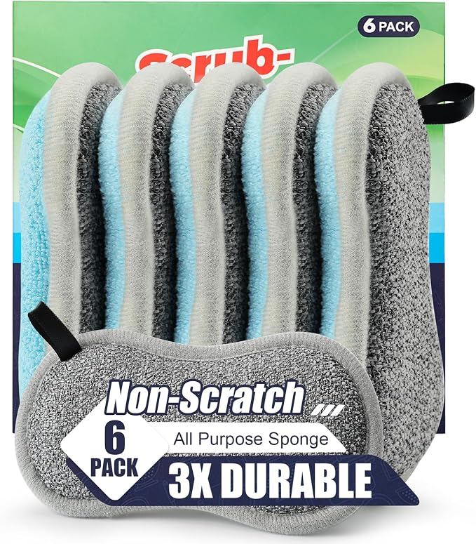 Dual Sided All-Purpose Sponges Kitchen,Dish Sponge for Washing Dishes Cleaning Kitchen,Non Scratch,Rough Scrubbers for Non-Stick Cookware, Soft Microfiber Scrub for Dishes(Bule,6Pack)