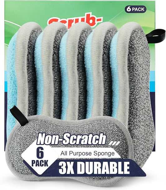 Dual Sided All-Purpose Sponges Kitchen,Dish Sponge for Washing Dishes Cleaning Kitchen,Non Scratch,Rough Scrubbers for Non-Stick Cookware, Soft Microfiber Scrub for Dishes(Bule,6Pack)
