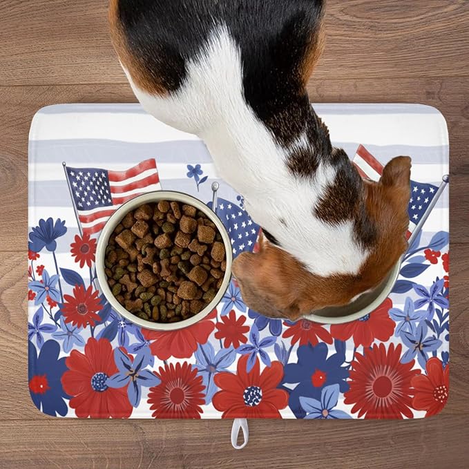 Patriotic Floral Dish Drying Mat for Kitchen Counter 4th of July American Flag Microfiber Dish Drainer Mat Red and Blue Flower Absorbent Washable Drying Pad 18"x24"