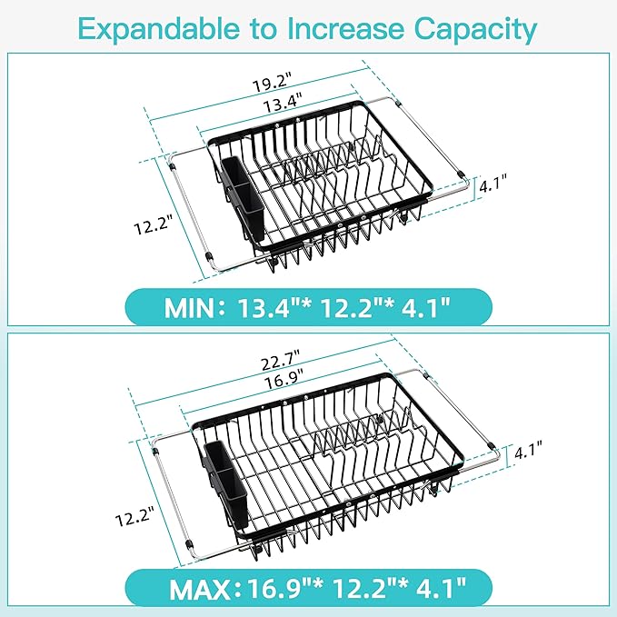 JASIWAY Expandable Stainless Steel Black Over The Sink Dish Drying Rack for Small Kitchen Counter Space Saving, Compact Plate Drainer Strainer, Adjustable Hanging Metal Dish Dryer with Utensil Holder
